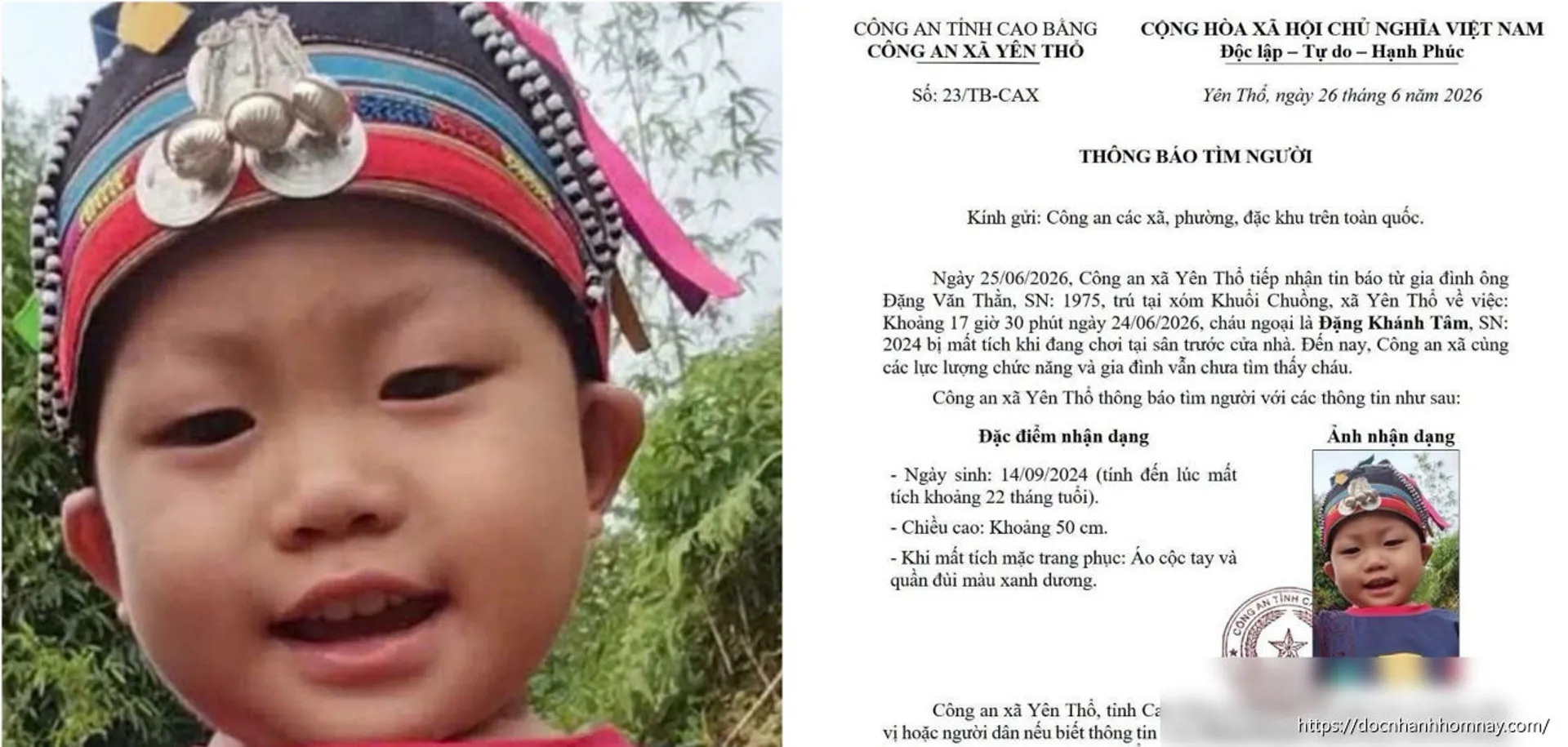 Khẩn tìm bé trai 22 tháng tuổi mất tích tại Cao Bằng